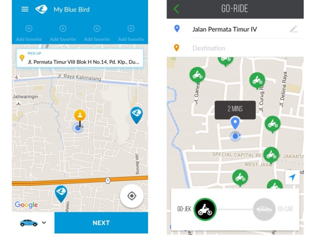 Go-Jek app (right) and the new Blue Bird app puts side-by-side