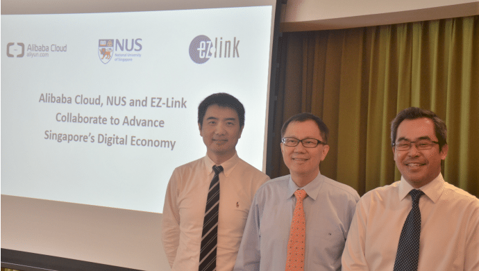 (From left to right) Mr. Ethan Yu, Vice President of Alibaba Group and General Manager of Alibaba Cloud Global, Professor Ho Teck Hua, NUS Deputy President (Research & Technology), Mr. Nicholas Lee, Chief Executive Officer, EZ-Link Pte Ltd.  